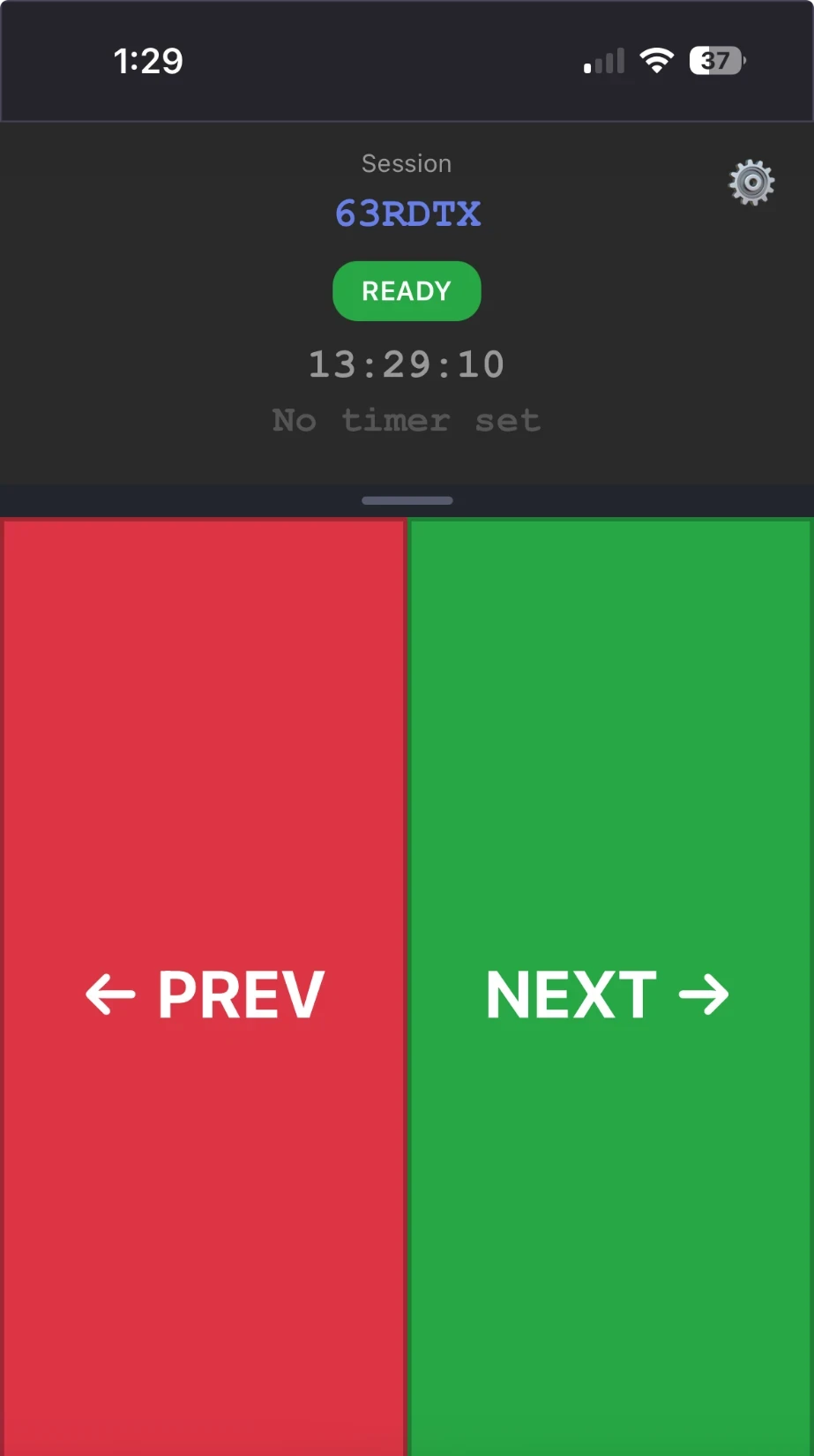 SlideRelay presenter clicker on a phone: session ready, large PREV and NEXT buttons