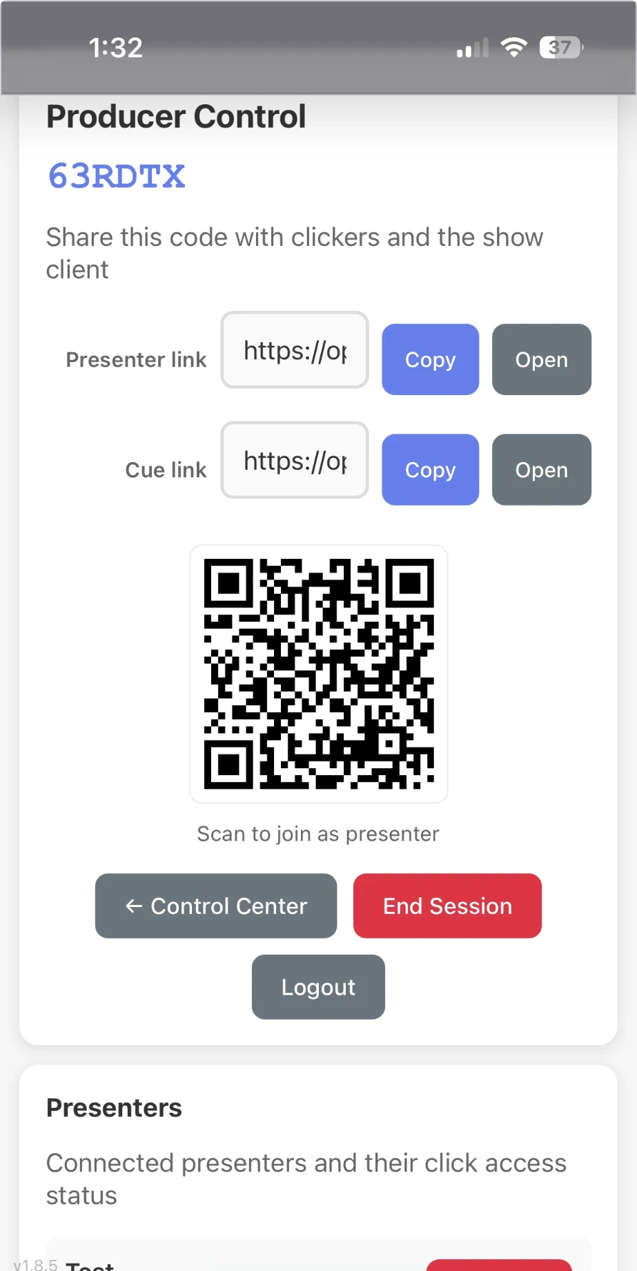 SlideRelay Producer Control on a phone: presenter and cue links, QR code to join, connected presenters