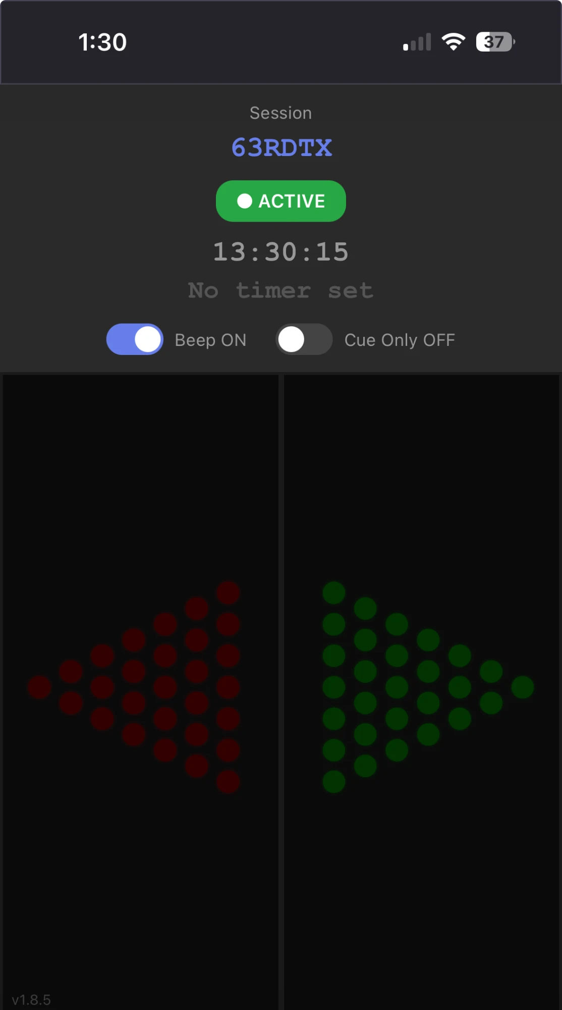 RelayCue Link on a phone: session active, beep and cue-only toggles, red and green cue arrows
